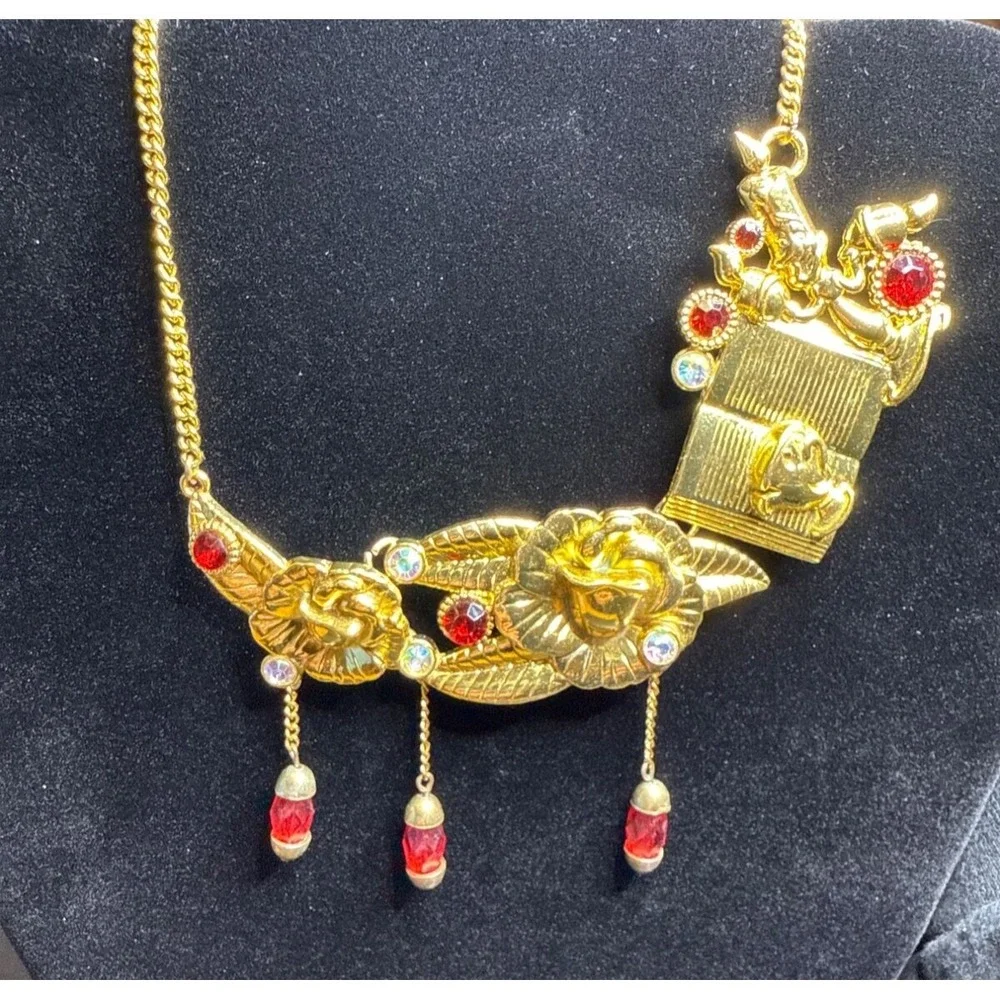 Disney Store London Gold Tone Beauty And The Beast Necklace Red Gems AB Crystals